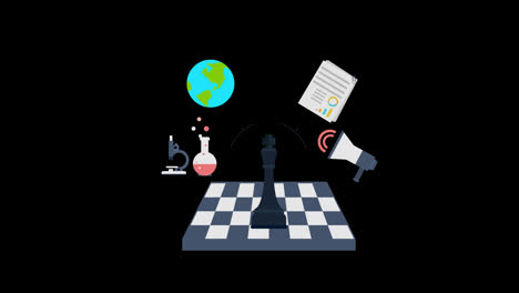 Business-Strategy-concept-animation-loop-with-globe-and-Megaphone,-chess-motion-graphics-video-transparent-background-with-alpha-channel